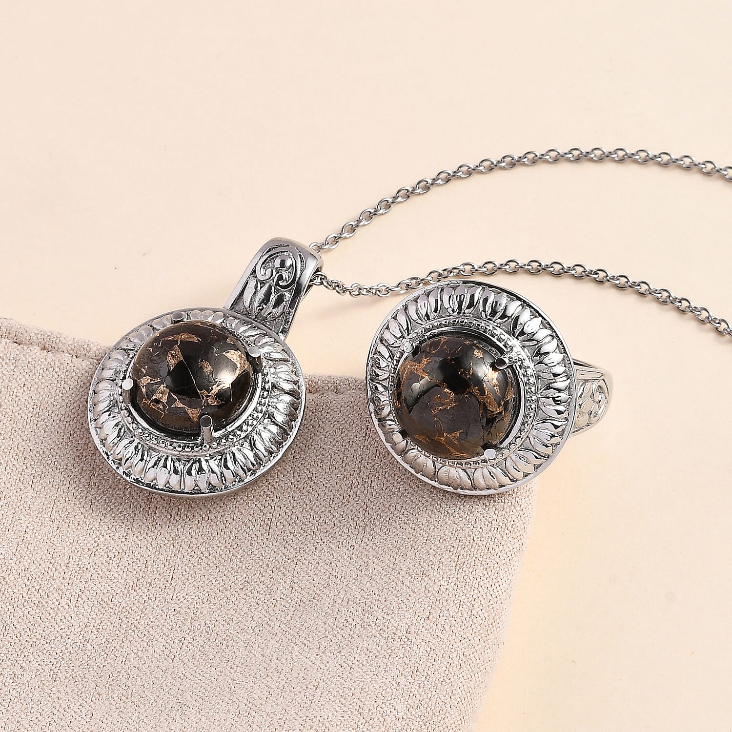Matrix Silver Shungite Solitaire Ring Size 5 and Pendant Necklace 20 Inches in Stainless Steel 10.25 ctw