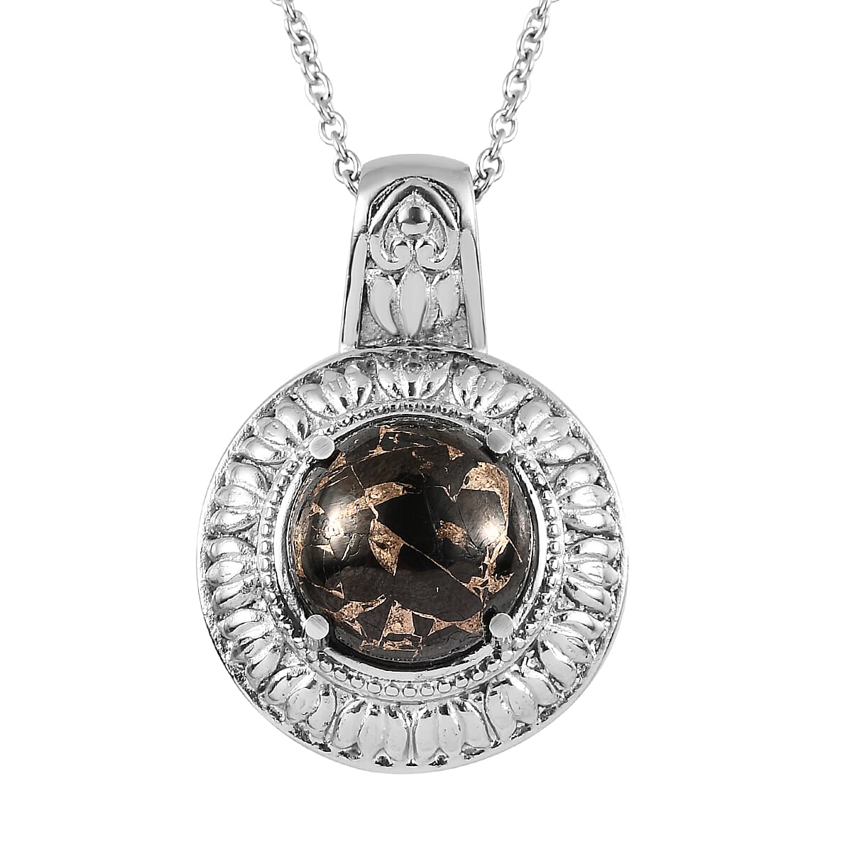 Matrix Silver Shungite Solitaire Ring Size 5 and Pendant Necklace 20 Inches in Stainless Steel 10.25 ctw