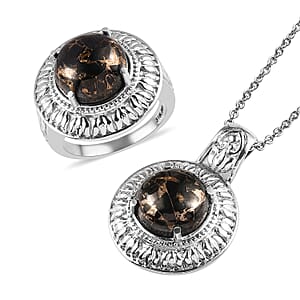 Matrix Silver Shungite Solitaire Ring Size 8 and Pendant Necklace 20 Inches in Stainless Steel 10.25 ctw