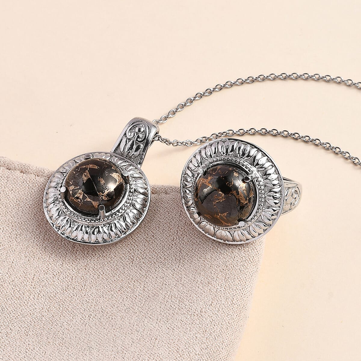 Matrix Silver Shungite Solitaire Ring Size 8 and Pendant Necklace 20 Inches in Stainless Steel 10.25 ctw image number 1