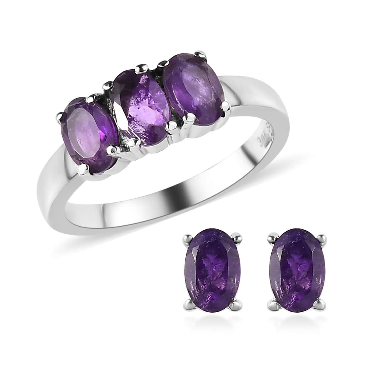 Amethyst 3 Stone Ring and Solitaire Stud Earrings in Stainless Steel 2.20 ctw image number 0