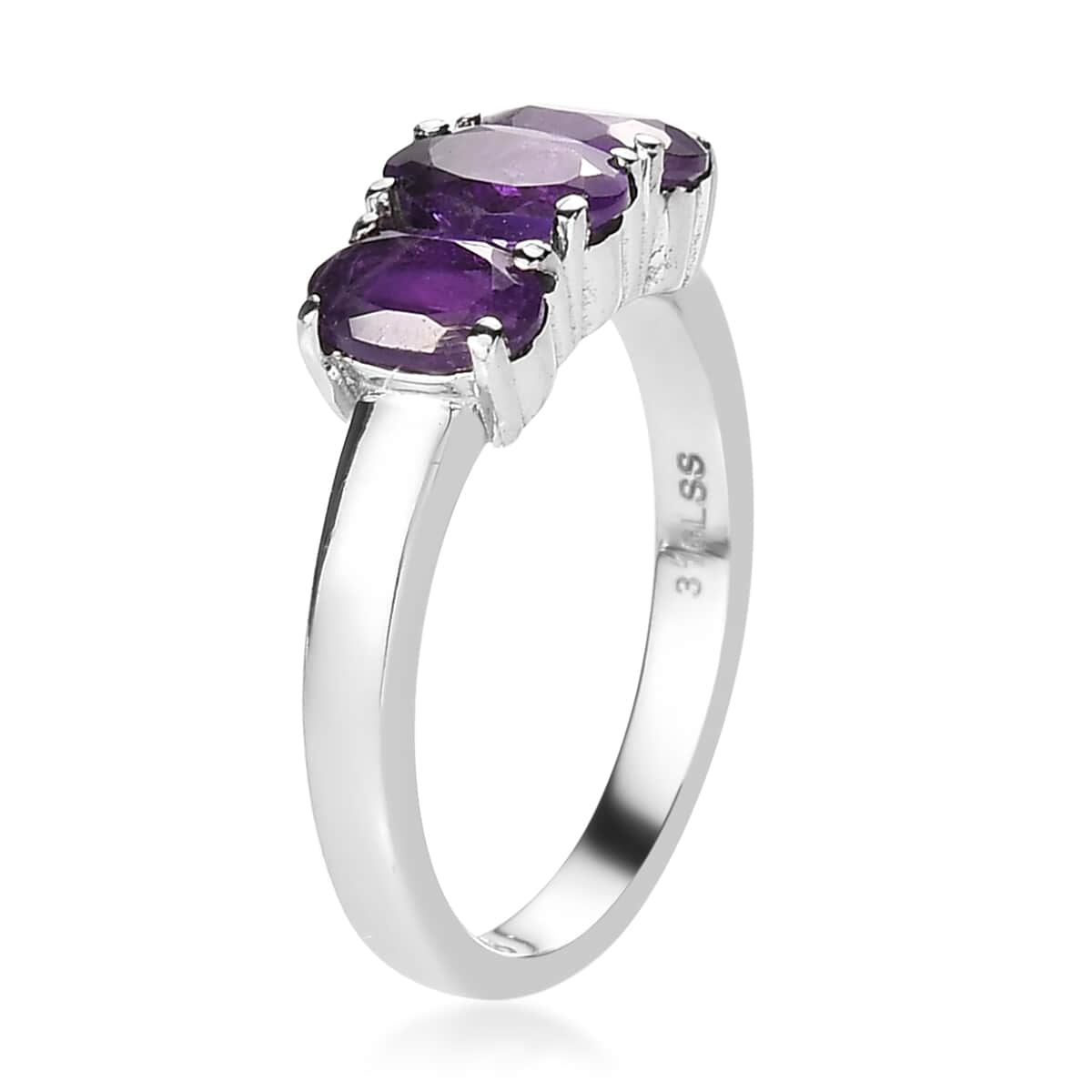 Amethyst 3 Stone Ring and Solitaire Stud Earrings in Stainless Steel 2.20 ctw image number 3