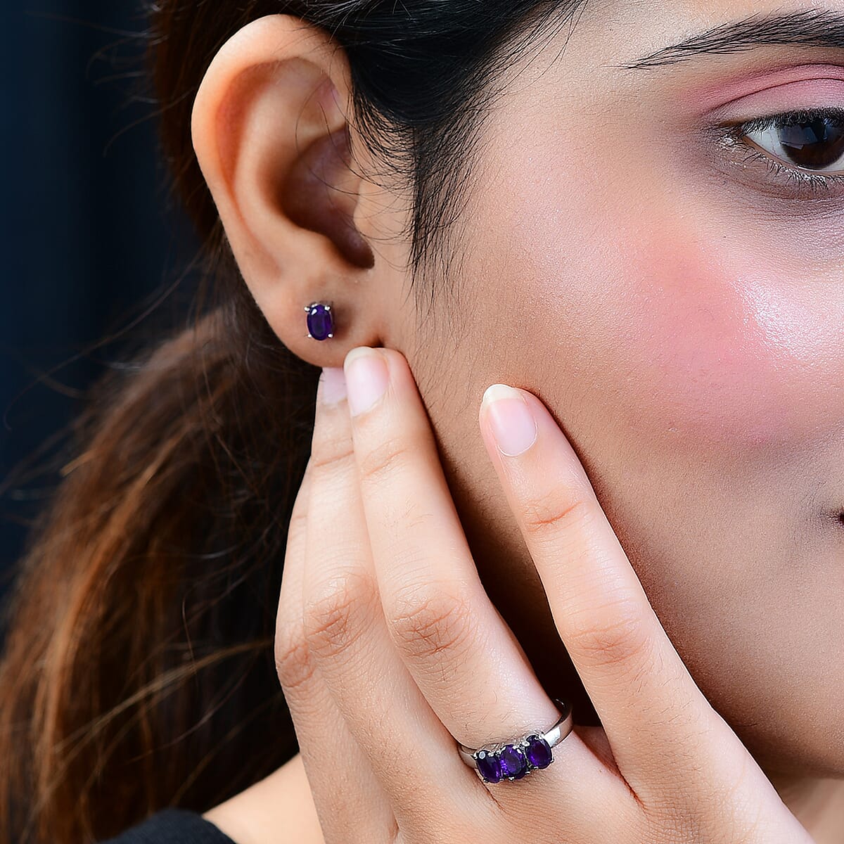 Amethyst 3 Stone Ring (Size 8.0) and Solitaire Stud Earrings in Stainless Steel 2.20 ctw image number 2