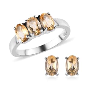 Brazilian Citrine 3 Stone Ring (Size 10.0) and Solitaire Stud Earrings in Stainless Steel 2.20 ctw