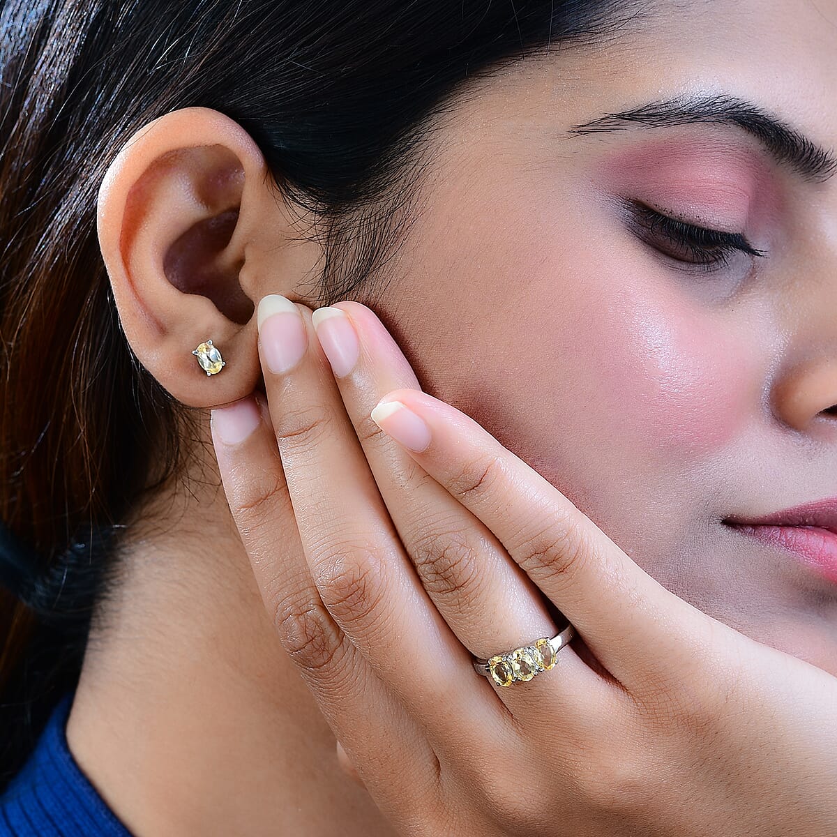 Brazilian Citrine 3 Stone Ring (Size 10.0) and Solitaire Stud Earrings in Stainless Steel 2.20 ctw image number 2