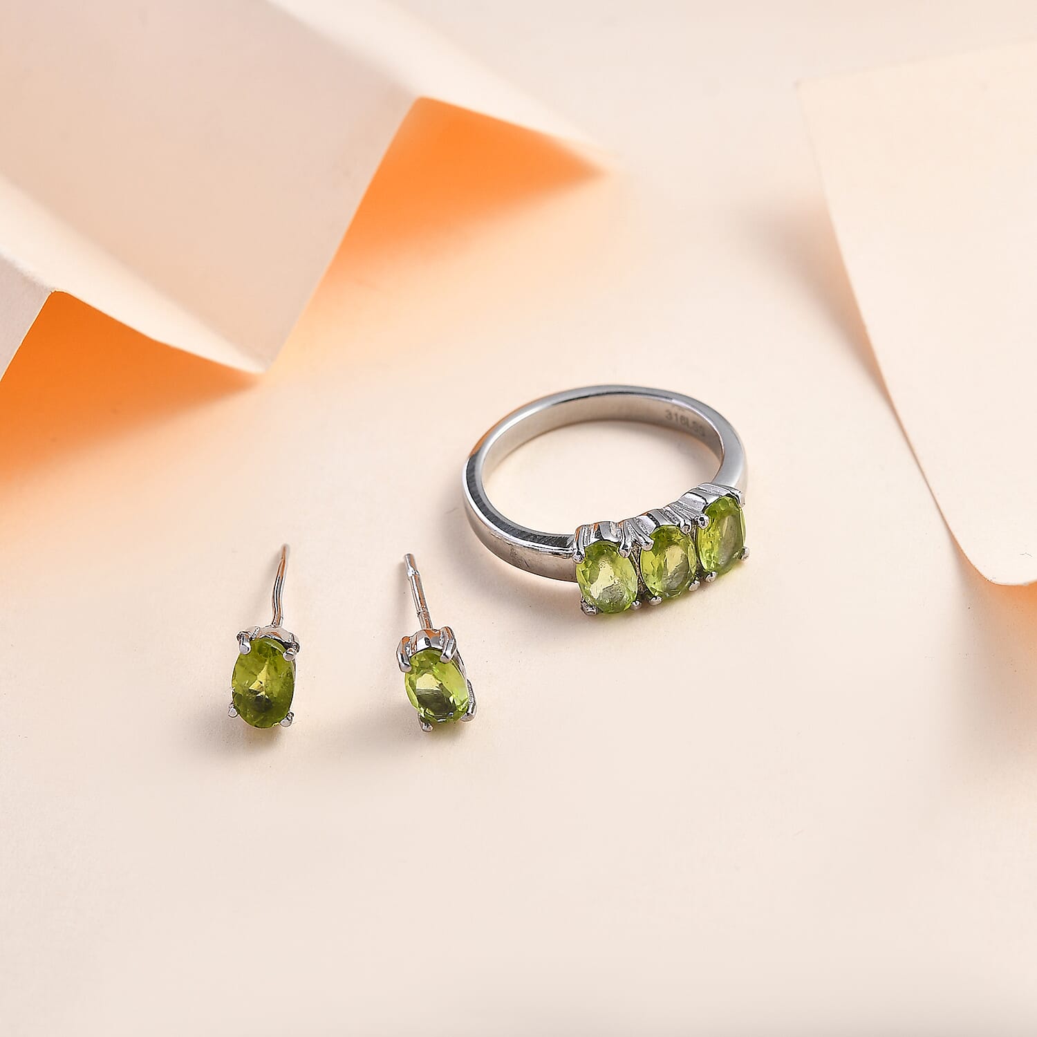 Peridot 3 Stone Ring (Size 8.0) and Solitaire Stud Earrings in Stainless Steel 2.25 ctw