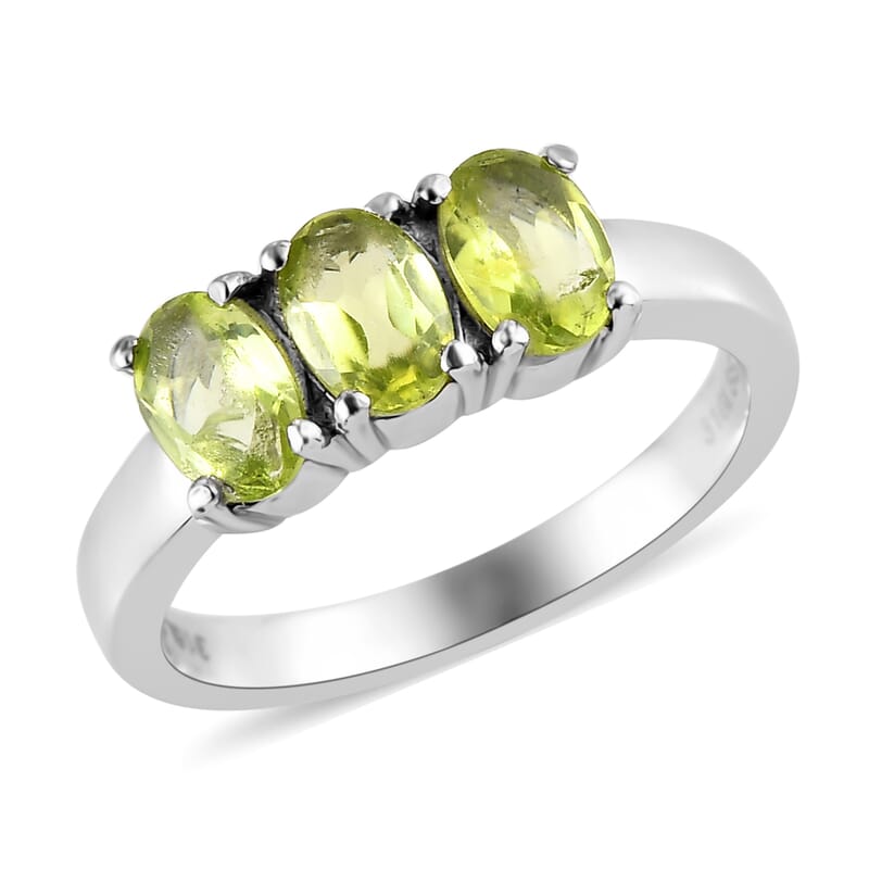 Peridot 3 Stone Ring (Size 8.0) and Solitaire Stud Earrings in Stainless Steel 2.25 ctw