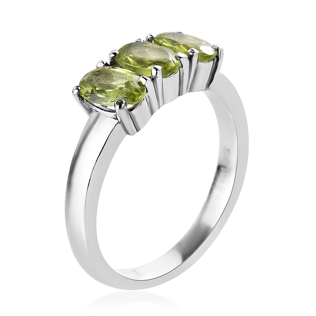 Peridot 3 Stone Ring (Size 8.0) and Solitaire Stud Earrings in Stainless Steel 2.25 ctw