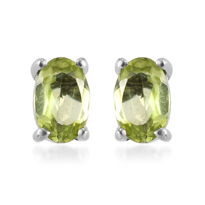 Peridot 3 Stone Ring (Size 8.0) and Solitaire Stud Earrings in Stainless Steel 2.25 ctw
