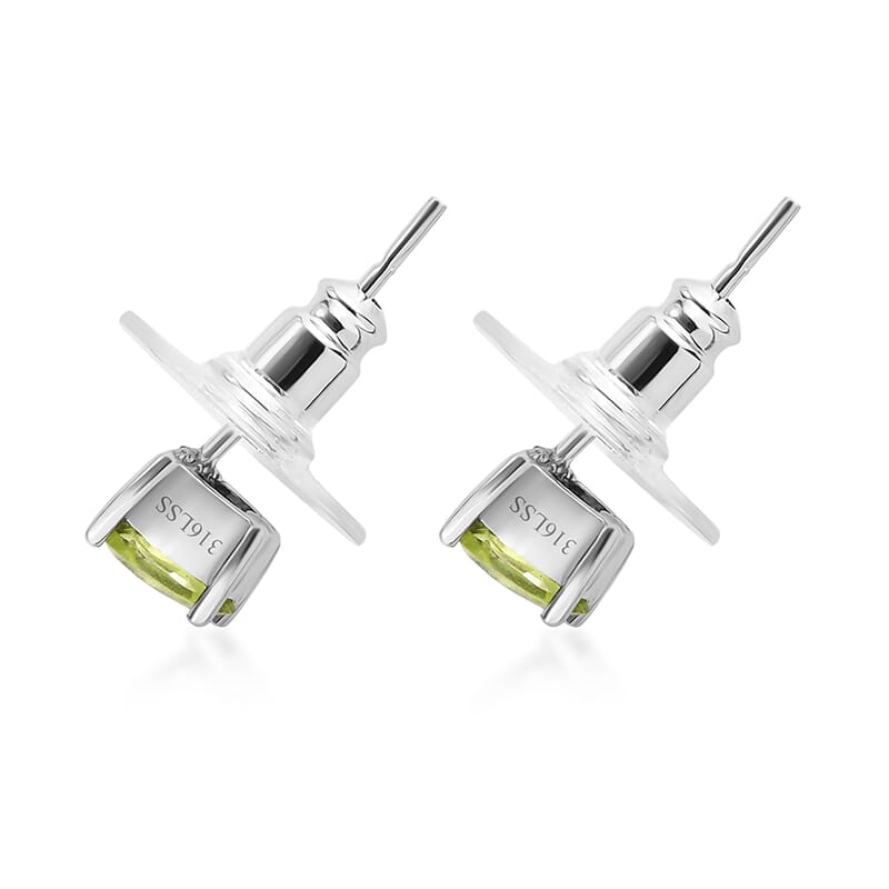 Peridot 3 Stone Ring (Size 8.0) and Solitaire Stud Earrings in Stainless Steel 2.25 ctw