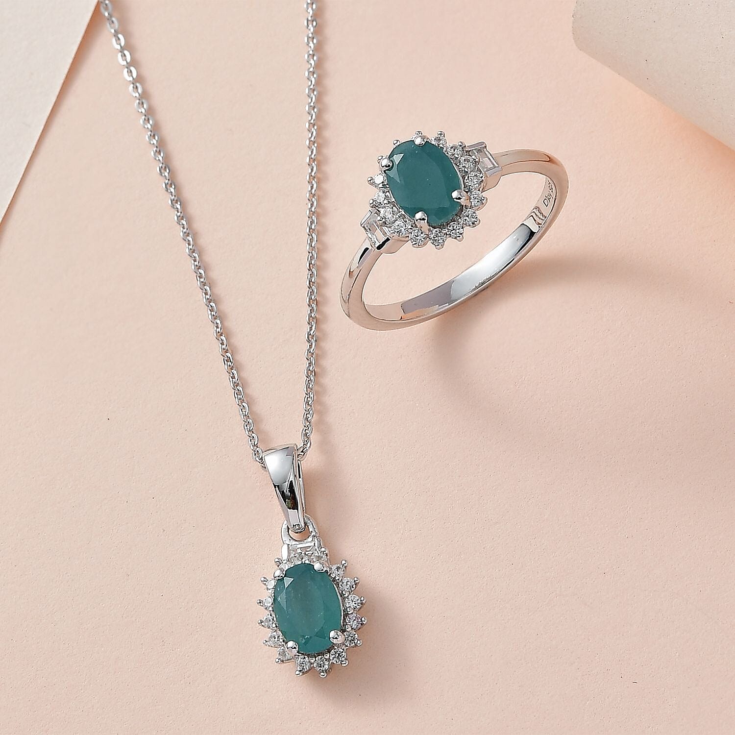 Premium Grandidierite and White Zircon Halo Ring (Size 5.0) and Pendant Necklace 20 Inches in Platinum Over Sterling Silver 2.10 ctw