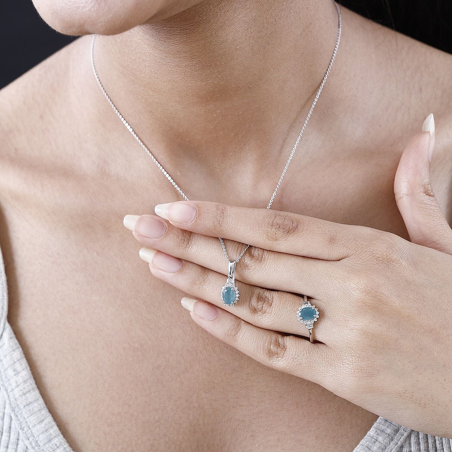 Premium Grandidierite and White Zircon Halo Ring (Size 5.0) and Pendant Necklace 20 Inches in Platinum Over Sterling Silver 2.10 ctw