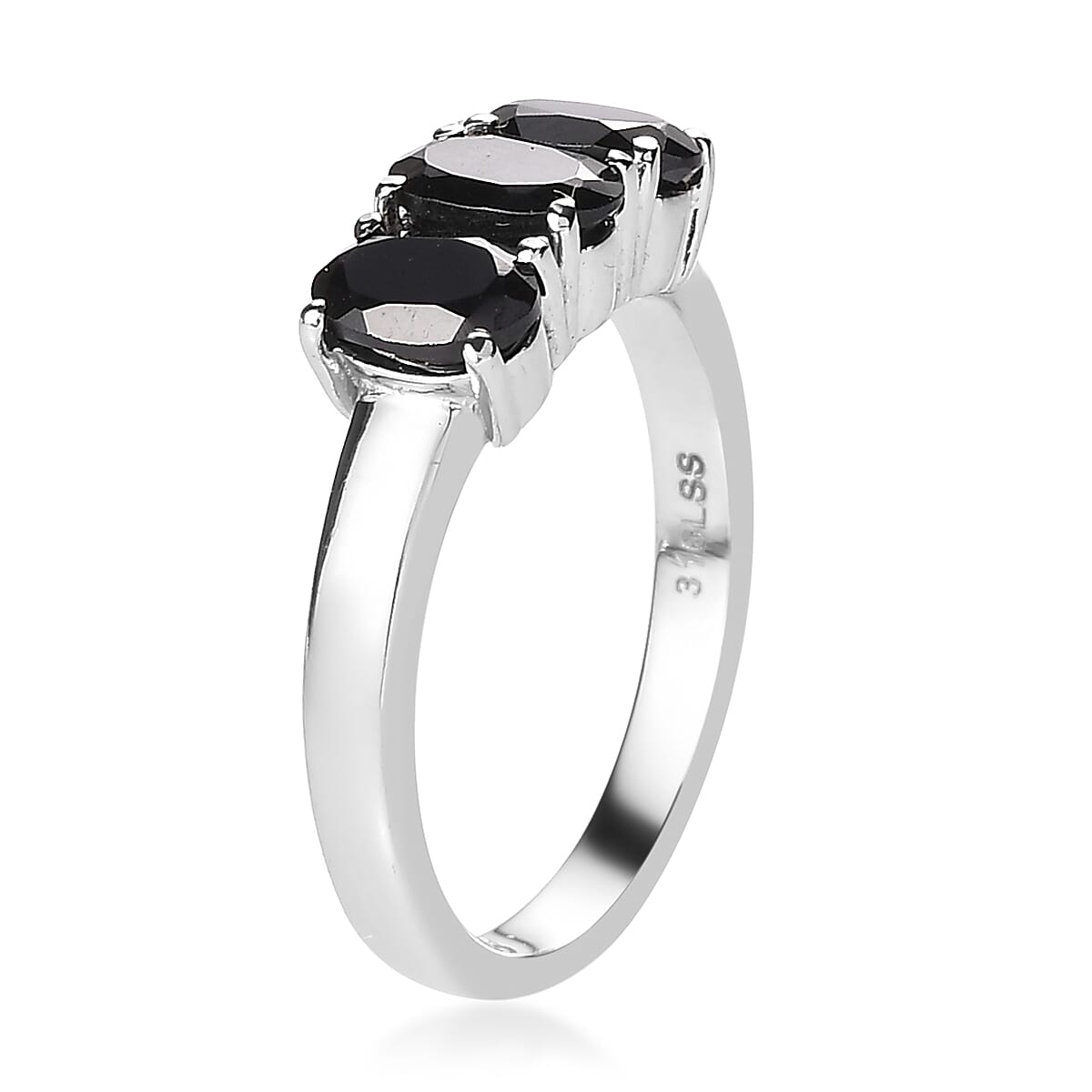 Thai Black Spinel 3 Stone Ring (Size 7.0) and Solitaire Stud Earrings in Stainless Steel 2.75 ctw image number 3