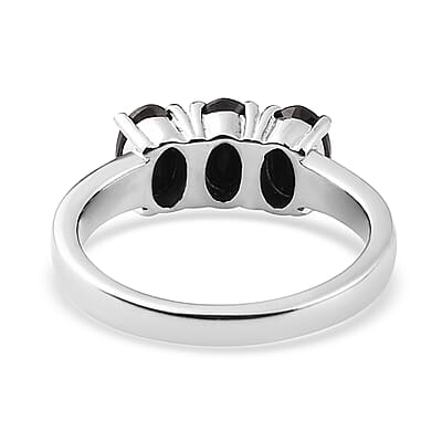 Thai Black Spinel 3 Stone Ring (Size 8.0) and Solitaire Stud Earrings in Stainless Steel 2.75 ctw