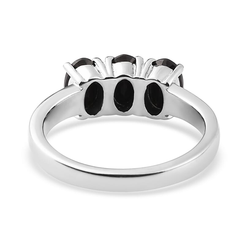 Thai Black Spinel 3 Stone Ring (Size 8.0) and Solitaire Stud Earrings in Stainless Steel 2.75 ctw