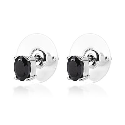 Thai Black Spinel 3 Stone Ring (Size 8.0) and Solitaire Stud Earrings in Stainless Steel 2.75 ctw