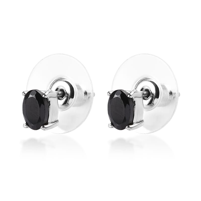 Thai Black Spinel 3 Stone Ring (Size 8.0) and Solitaire Stud Earrings in Stainless Steel 2.75 ctw