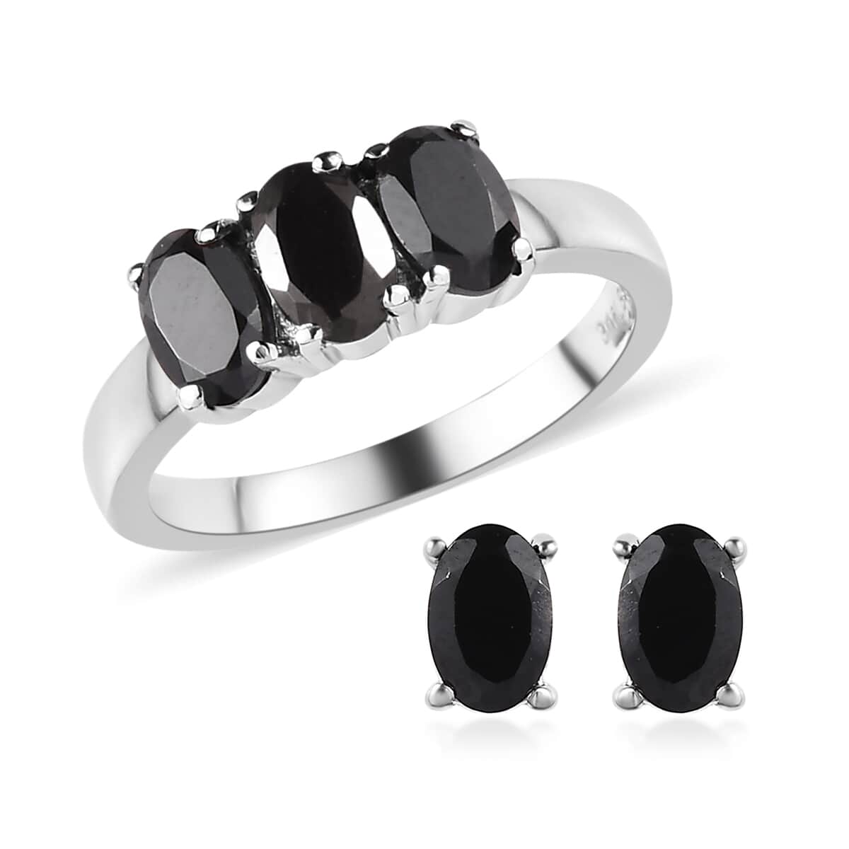 Thai Black Spinel 3 Stone Ring (Size 9.0) and Solitaire Stud Earrings in Stainless Steel 2.75 ctw image number 0