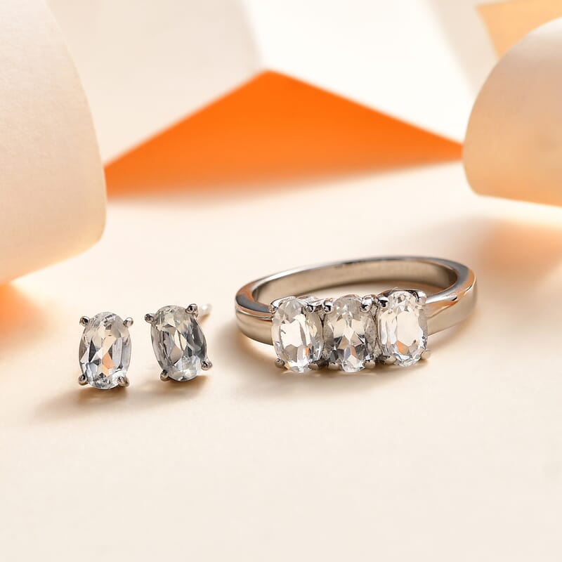 White Topaz 3 Stone Ring (Size 6.0) and Solitaire Stud Earrings in Stainless Steel 2.50 ctw