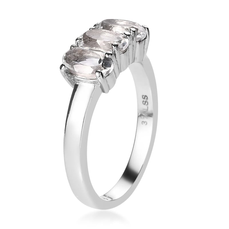 White Topaz 3 Stone Ring (Size 6.0) and Solitaire Stud Earrings in Stainless Steel 2.50 ctw