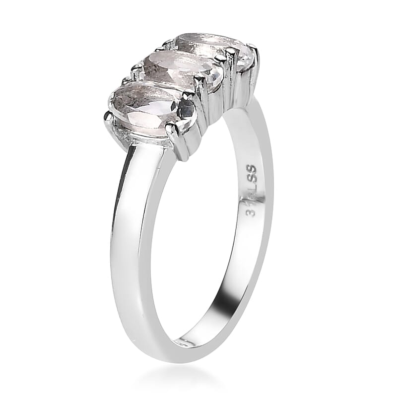 White Topaz 3 Stone Ring (Size 6.0) and Solitaire Stud Earrings in Stainless Steel 2.50 ctw