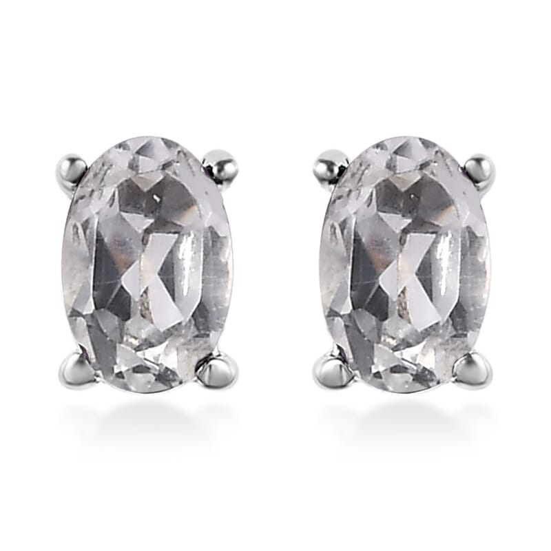 White Topaz 3 Stone Ring (Size 6.0) and Solitaire Stud Earrings in Stainless Steel 2.50 ctw