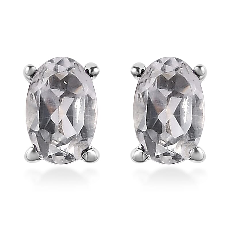 White Topaz 3 Stone Ring (Size 7.0) and Solitaire Stud Earrings in Stainless Steel 2.50 ctw