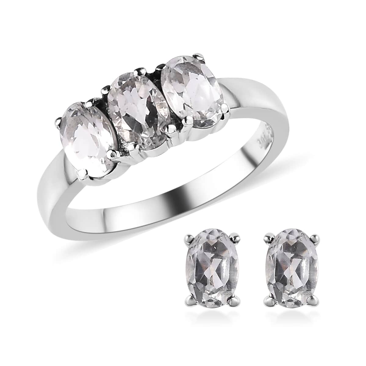 White Topaz 3 Stone Ring (Size 8.0) and Solitaire Stud Earrings in Stainless Steel 2.50 ctw image number 0