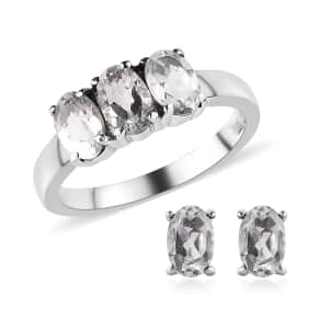 White Topaz 3 Stone Ring (Size 8.0) and Solitaire Stud Earrings in Stainless Steel 2.50 ctw