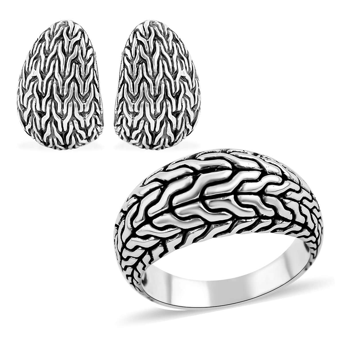 Bali Legacy Sterling Silver Tulang Naga Texture Ring (Size 6) and Earrings 22.40 Grams image number 0