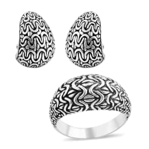 Bali Legacy Sterling Silver Borobudur Texture Ring (Size 5) and Earrings 22.40 Grams