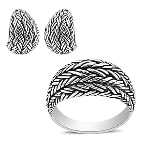 Bali Legacy Sterling Silver Padian Texture Ring (Size 10) and Earrings 22.40 Grams