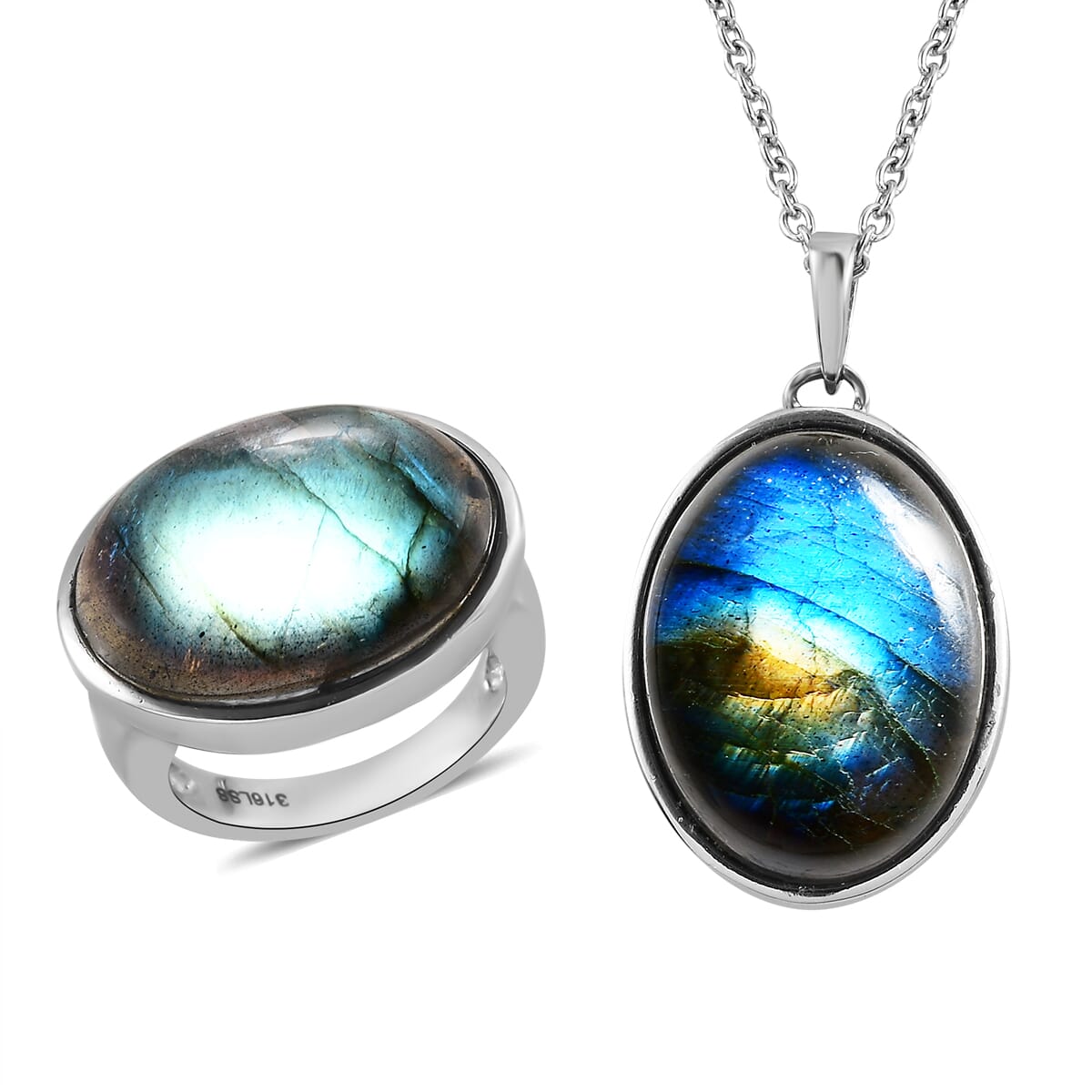 Malagasy Labradorite Solitaire Ring Size 5 and Pendant Necklace 20 Inches in Stainless Steel 30.85 ctw image number 0