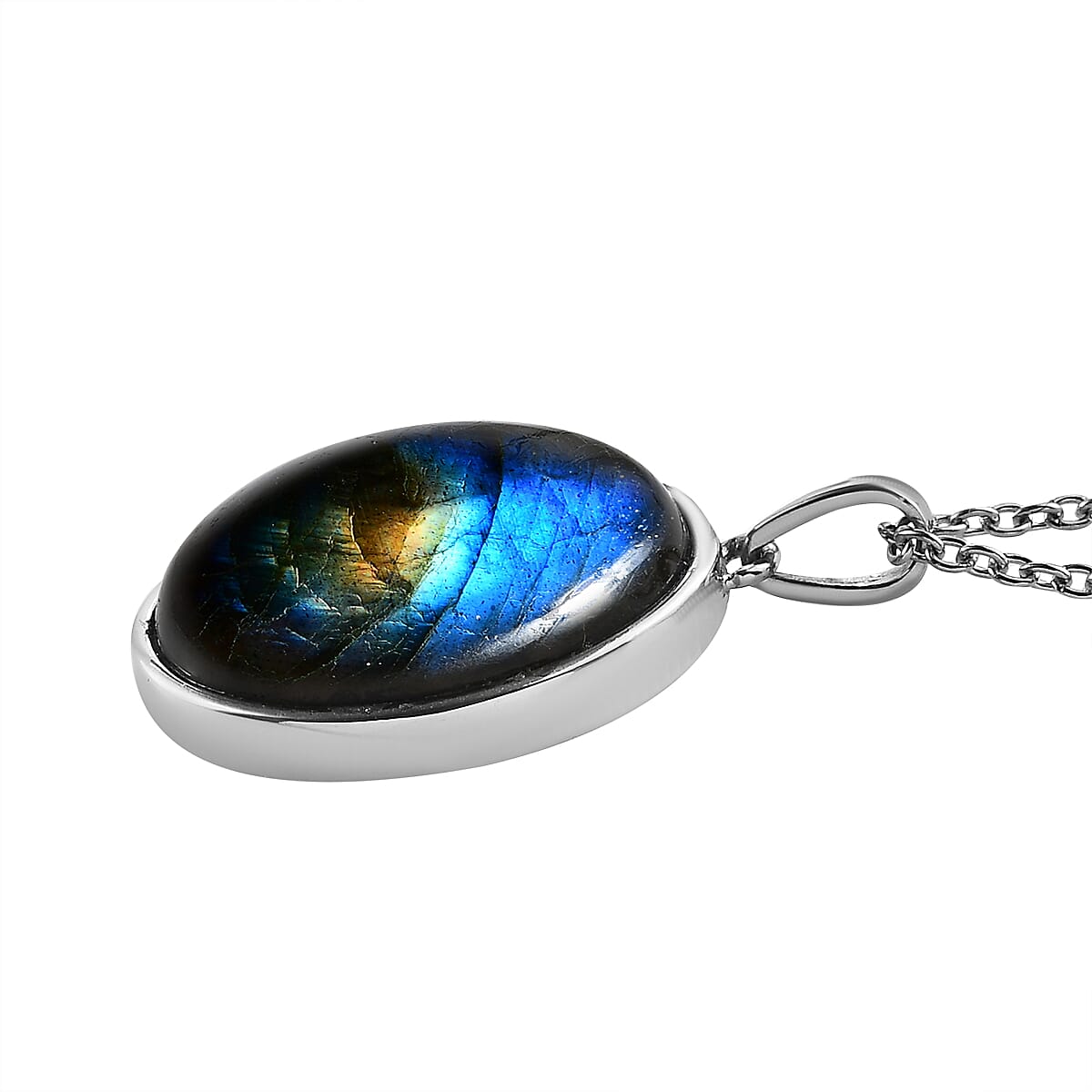 Malagasy Labradorite Solitaire Ring Size 5 and Pendant Necklace 20 Inches in Stainless Steel 30.85 ctw