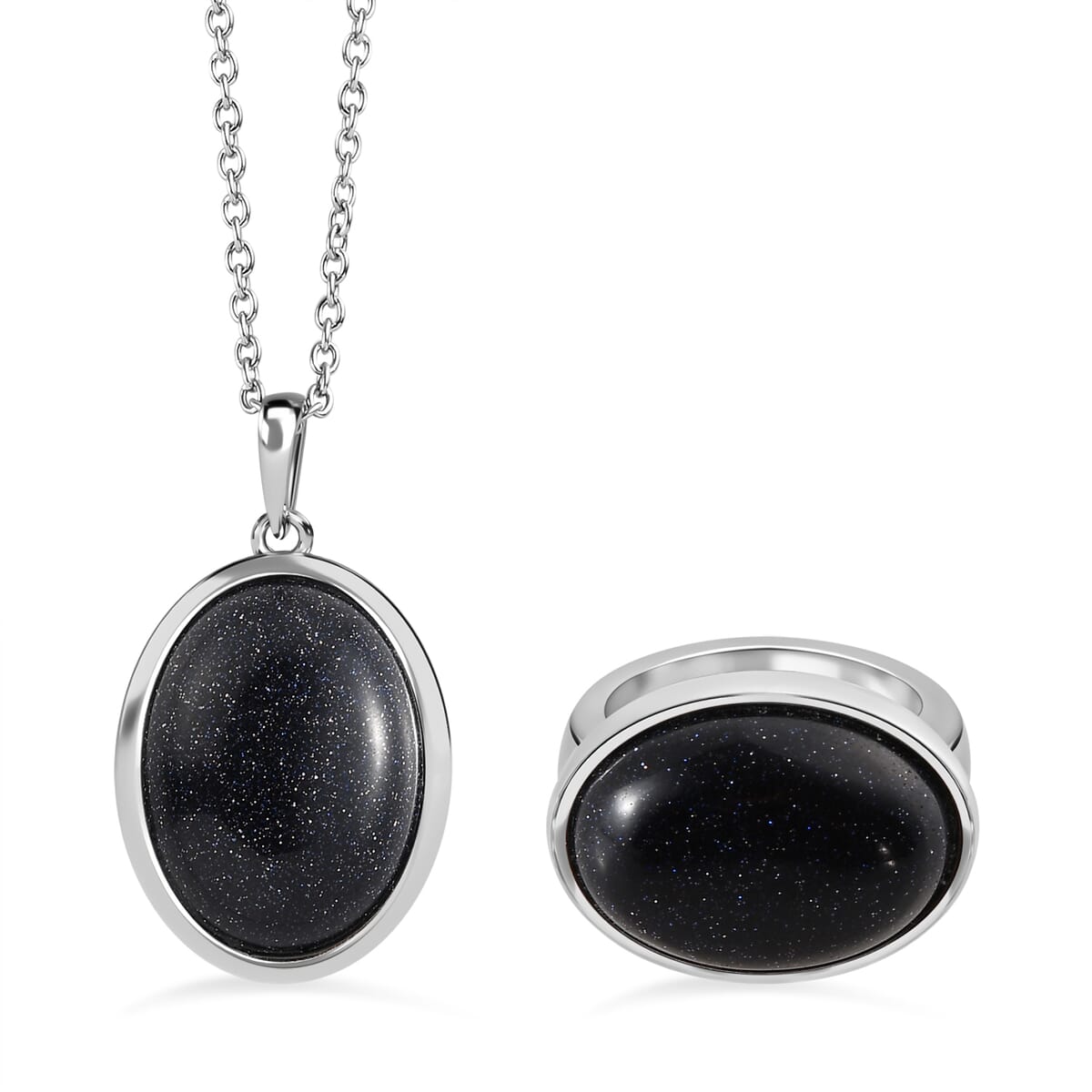 Blue Sandstone Solitaire Ring Size 8 and Pendant Necklace 20 Inches in Stainless Steel 30.90 ctw image number 0
