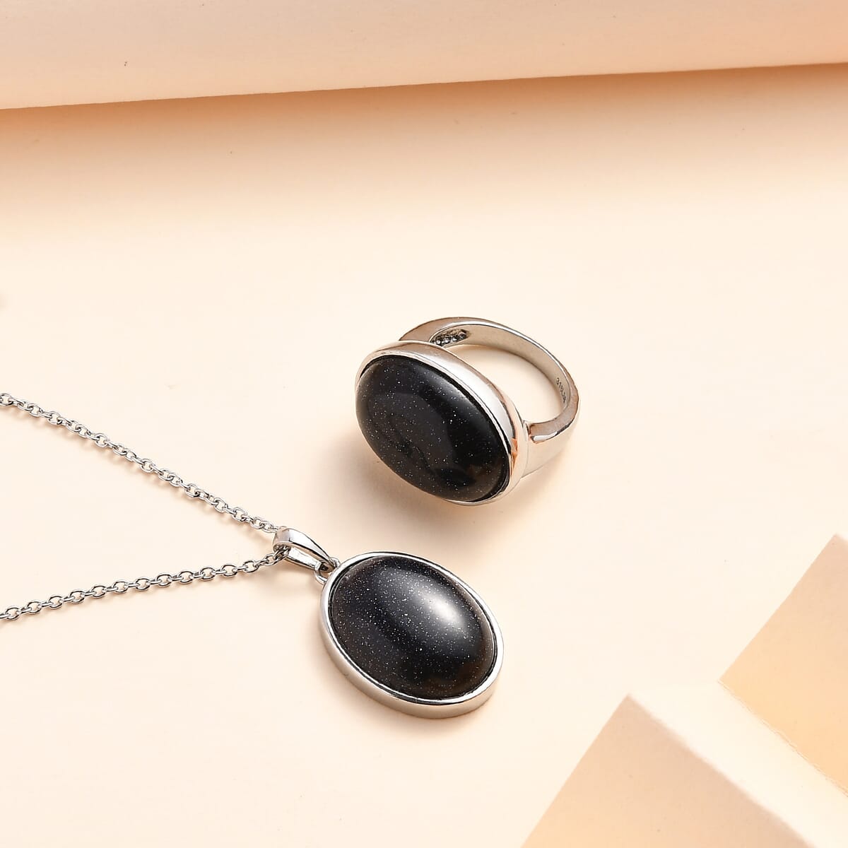 Blue Sandstone Solitaire Ring Size 8 and Pendant Necklace 20 Inches in Stainless Steel 30.90 ctw image number 1