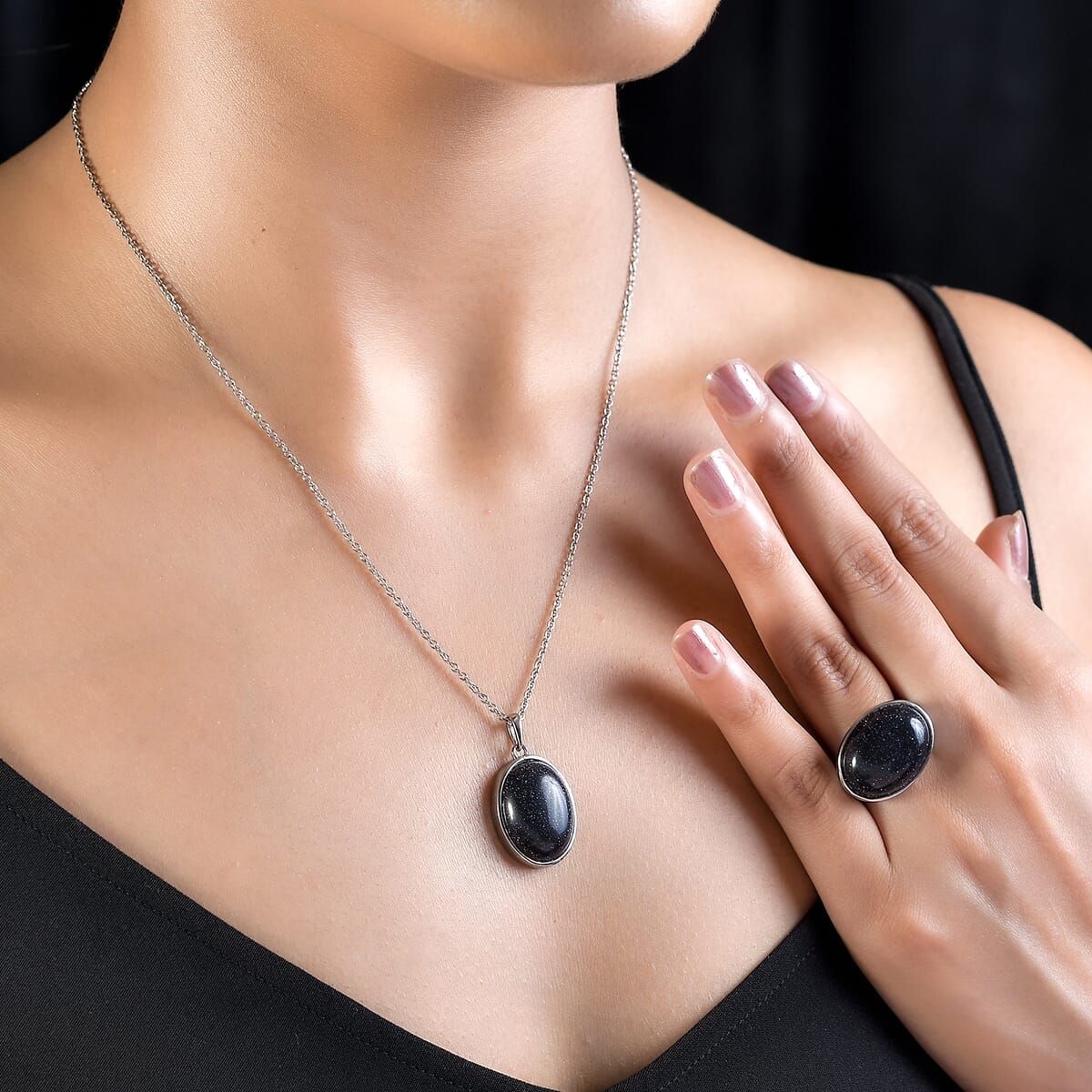Blue Sandstone Solitaire Ring Size 8 and Pendant Necklace 20 Inches in Stainless Steel 30.90 ctw image number 2