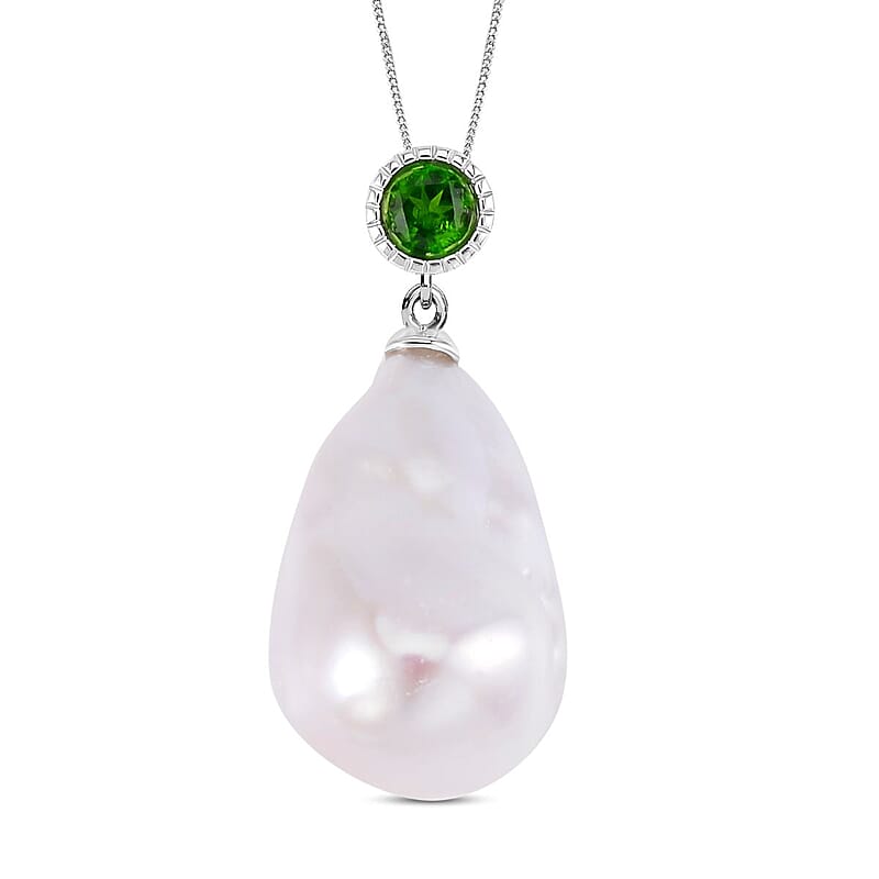 White Baroque Pearl and Chrome Diopside Pendant 28.08 ctw Necklace in Rhodium Over Sterling Silver 18 Inches