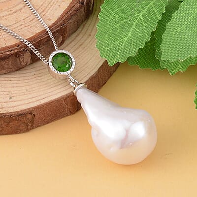 White Baroque Pearl and Chrome Diopside Pendant 28.08 ctw Necklace in Rhodium Over Sterling Silver 18 Inches