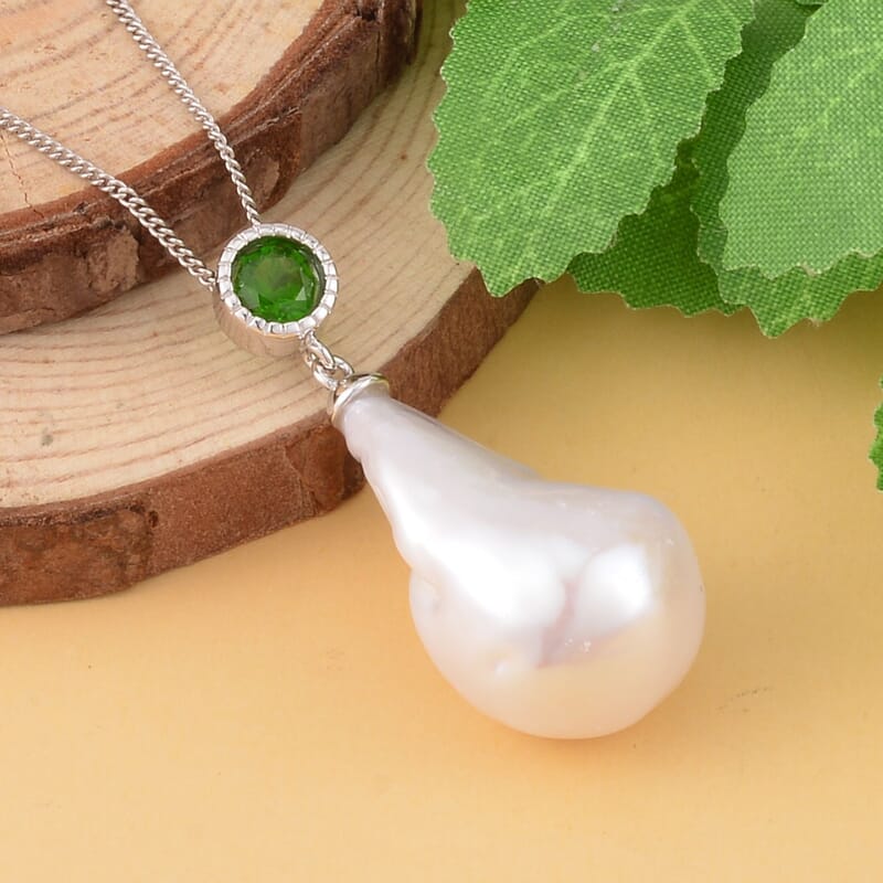 White Baroque Pearl and Chrome Diopside Pendant 28.08 ctw Necklace in Rhodium Over Sterling Silver 18 Inches