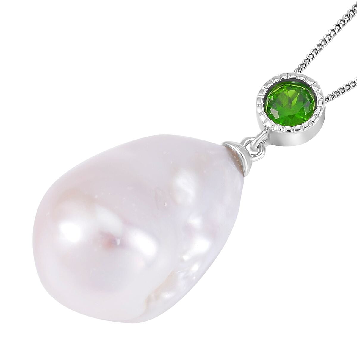 White Baroque Pearl and Chrome Diopside Pendant 28.08 ctw Necklace in Rhodium Over Sterling Silver 18 Inches
