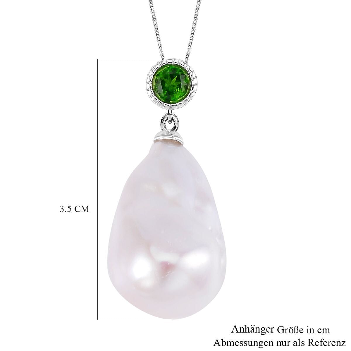 White Baroque Pearl and Chrome Diopside Pendant 28.08 ctw Necklace in Rhodium Over Sterling Silver 18 Inches