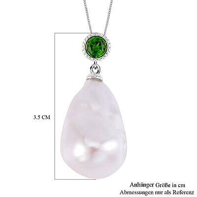 White Baroque Pearl and Chrome Diopside Pendant 28.08 ctw Necklace in Rhodium Over Sterling Silver 18 Inches