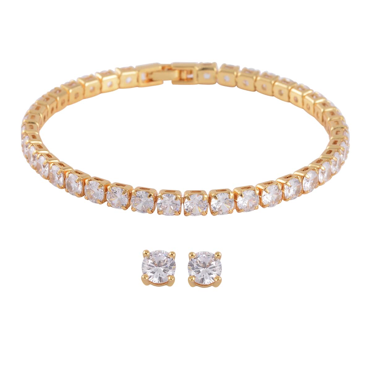 Simulated Diamond Stud Earrings and Tennis Bracelet (7.00 In) in Goldtone 27.90 ctw image number 0