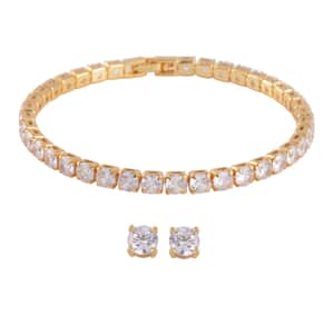 Simulated Diamond Stud Earrings and Tennis Bracelet (7.00 In) in Goldtone 27.90 ctw