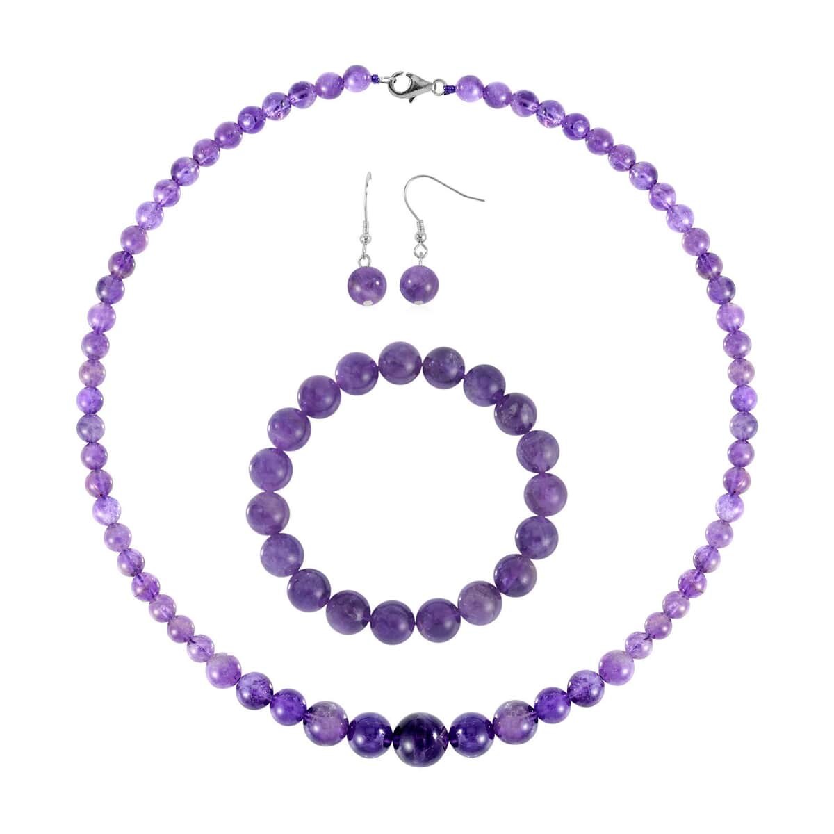 Amethyst Beaded Stretch Bracelet, Earrings and Necklace 18 Inches in Rhodium Over Sterling Silver 200.50 ctw image number 0