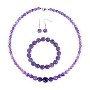 Amethyst Beaded Stretch Bracelet, Earrings and Necklace 18 Inches in Rhodium Over Sterling Silver 200.50 ctw