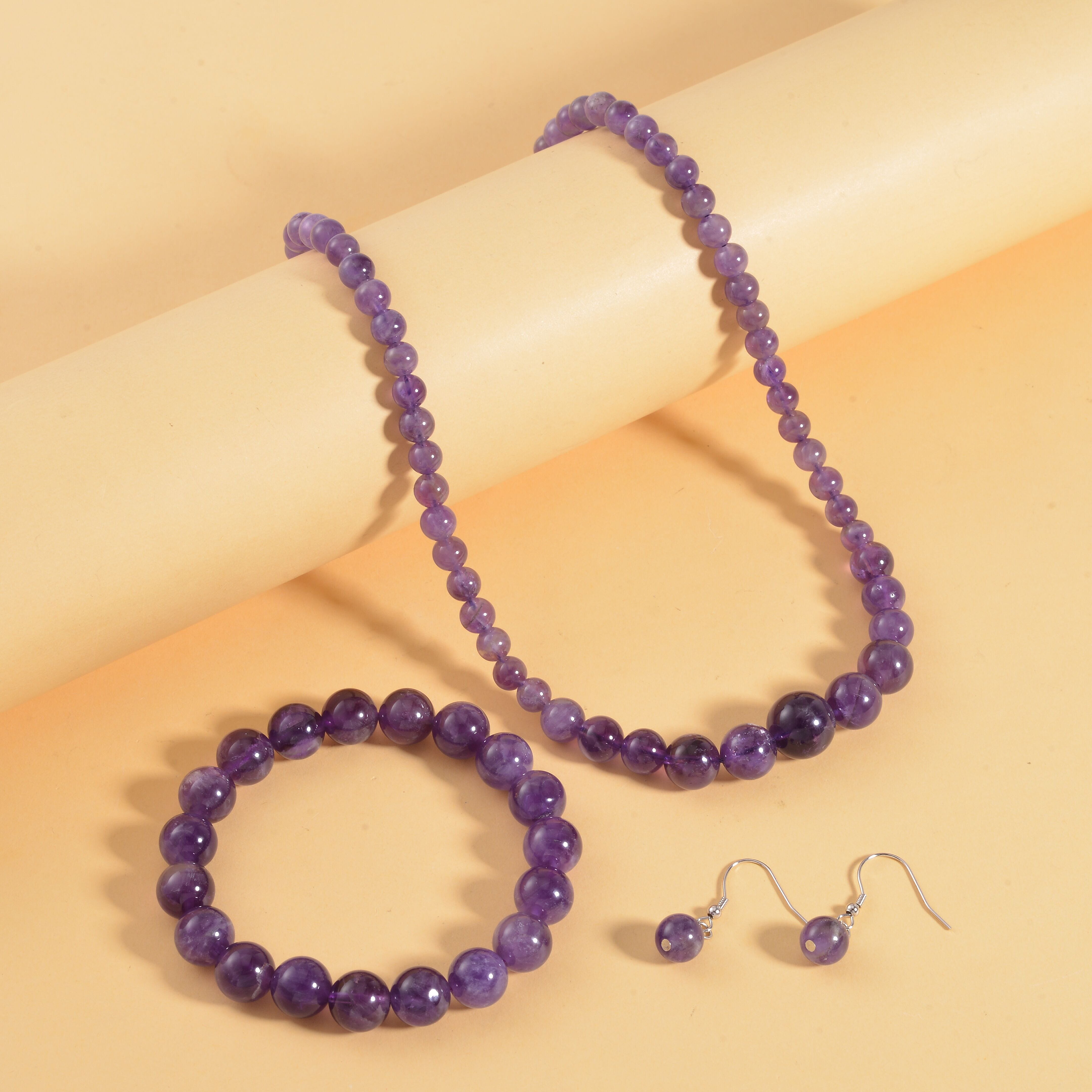 Amethyst Beaded Stretch Bracelet, Earrings and Necklace 18 Inches in Rhodium Over Sterling Silver 200.50 ctw