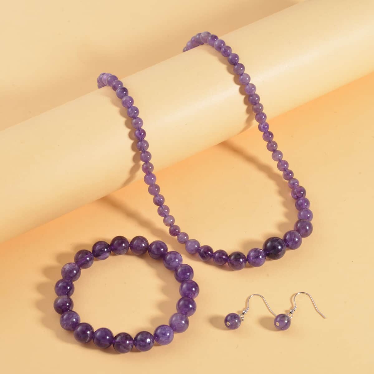 Amethyst Beaded Stretch Bracelet, Earrings and Necklace 18 Inches in Rhodium Over Sterling Silver 200.50 ctw image number 1