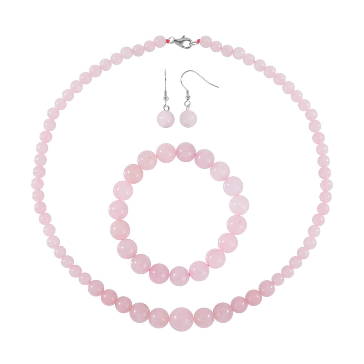 Galilea Rose Quartz Beaded Stretch Bracelet, Earrings and Necklace 18 Inches in Rhodium Over Sterling Silver 200.50 ctw image number 0